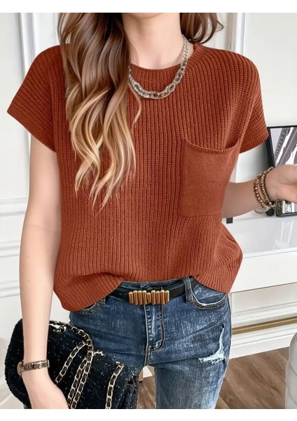 Kadın Kısa Kollu Bisiklet Yaka Cep Detay Triko Bluz