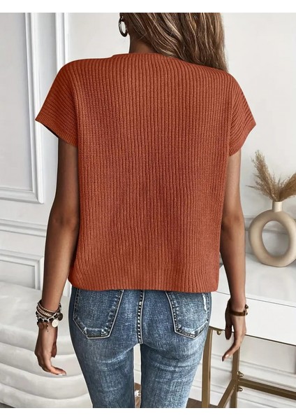 Kadın Kısa Kollu Bisiklet Yaka Cep Detay Triko Bluz modelleri