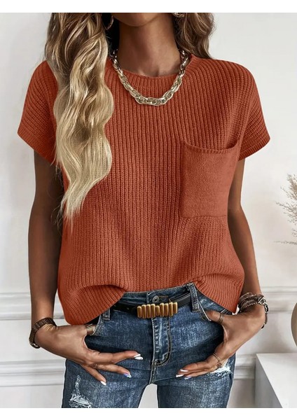 Kadın Kısa Kollu Bisiklet Yaka Cep Detay Triko Bluz fırsatları