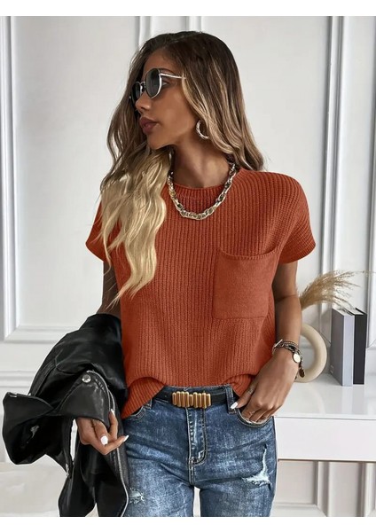 Kadın Kısa Kollu Bisiklet Yaka Cep Detay Triko Bluz indirimleri