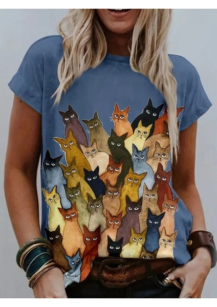 Kadın Kısa Kollu Bisiklet Yaka Kedi Baskılı Süprem Bluz