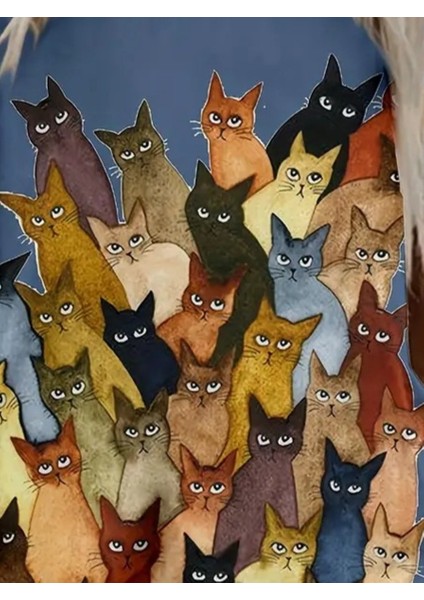 Kadın Kısa Kollu Bisiklet Yaka Kedi Baskılı Süprem Bluz fiyatları