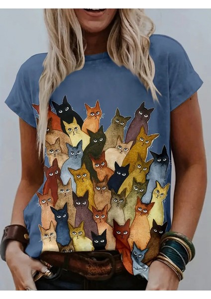 Kadın Kısa Kollu Bisiklet Yaka Kedi Baskılı Süprem Bluz modelleri