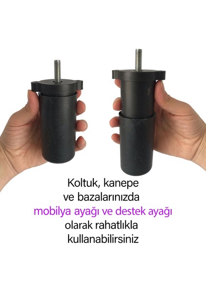 4 Adet Ayarlı Destek Ayağı 9.5 x 14.5 cm Siyah Gizli Ayak M8 Civatalı Incediş Mobilya Kanepe Baza Koltuk