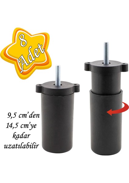 8 Adet Ayarlı Destek Ayağı 9.5 x 14.5 cm Siyah Gizli Ayak M8 Civatalı Incediş Mobilya Kanepe Baza Koltuk