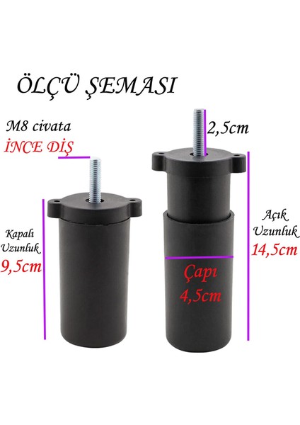 8 Adet Ayarlı Destek Ayağı 9.5 x 14.5 cm Siyah Gizli Ayak M8 Civatalı Incediş Mobilya Kanepe Baza Koltuk modelleri