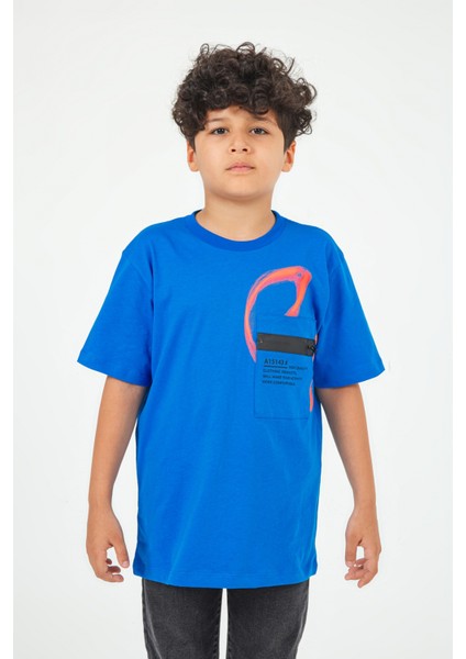 Erkek Çocuk Saks Mavi Cep Detaylı Tshirt