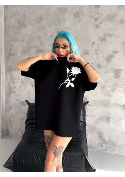 Bisiklet Yaka Baskılı Oversize T-Shirt Siyah