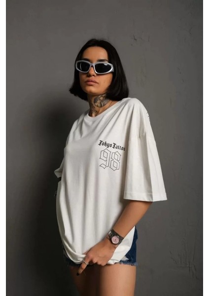 Bisiklet Yaka Baskılı Oversize T-Shirt Beyaz