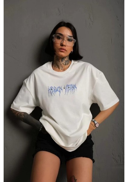 Bisiklet Yaka Baskılı Oversize T-Shirt Beyaz