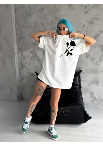 Bisiklet Yaka Baskılı Oversize T-Shirt Beyaz