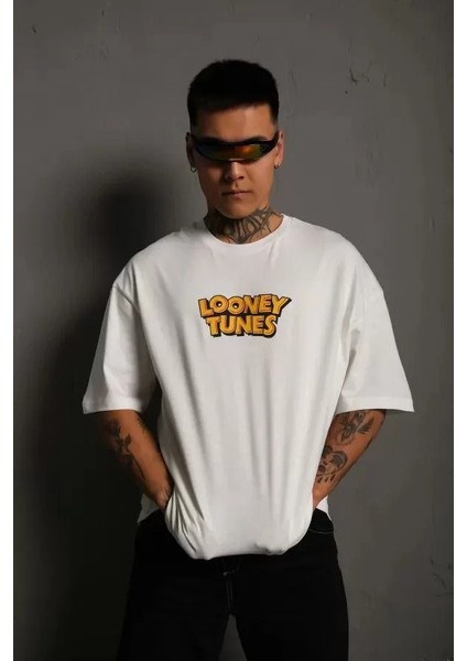 Bisiklet Yaka Baskılı Oversize T-Shirt Beyaz
