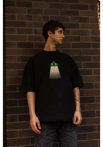 Bisiklet Yaka Baskılı Oversize T-Shirt Siyah