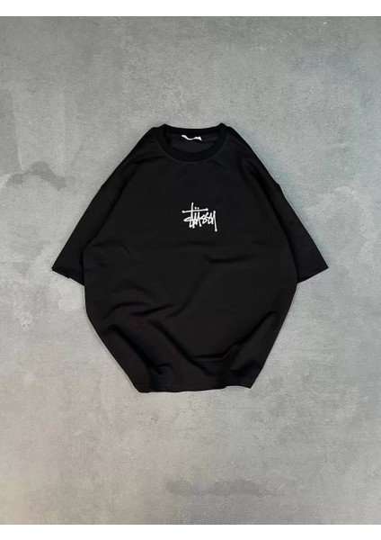 Bisiklet Yaka Baskılı Oversize T-Shirt Siyah