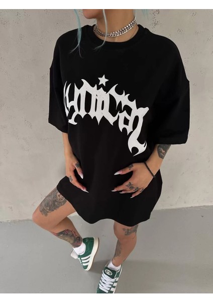 Bisiklet Yaka Baskılı Oversize T-Shirt Siyah