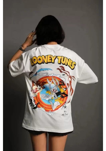 Bisiklet Yaka Baskılı Oversize T-Shirt Beyaz fiyatları