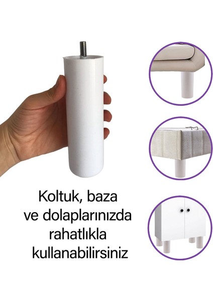 4 Adet Silindir Destek Ayağı 15 cm Beyaz Gizli Ayak M8 Civatalı Incediş Mobilya Kanepe Baza Koltuk