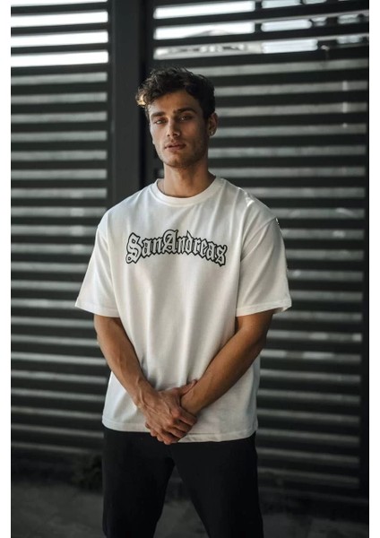 Bisiklet Yaka Baskılı Oversize T-Shirt Beyaz