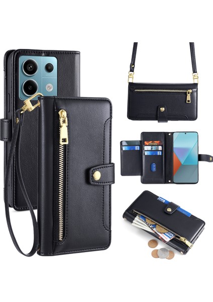 Xiaomi Redmi Note 13 Pro 5g Deri Kılıf Telefon Cüzdan Kapağı Fermuarlı Cep-Siyah (Yurt Dışından)