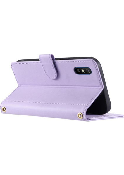 Xiaomi Redmi 9A Telefon Kılıfı Için Eşkenar Dörtgen Izgara Deri Cüzdan Standı Kapağı 2 Askılı-Mor (Yurt Dışından) modelleri