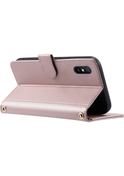 Xiaomi Redmi 9A Telefon Kılıfı Için Eşkenar Dörtgen Izgara Deri Cüzdan Standı Kapağı 2 Askılı-Gül Altın (Yurt Dışından) modelleri
