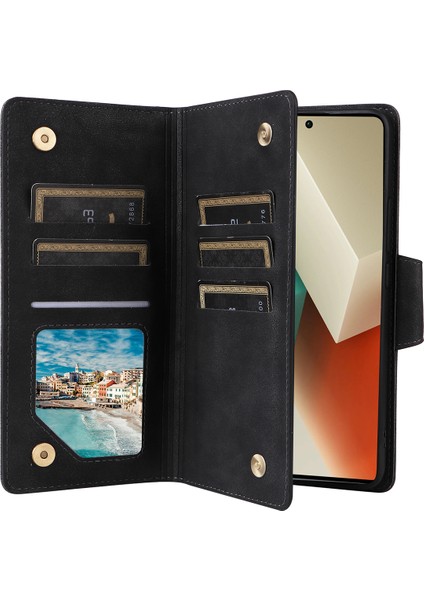 Xiaomi Redmi Için Not 13 5g Deri Kılıf Perçin Dekor 9 Kart Tutucu Yuvaları Fermuarlı Cep Kapak-Siyah (Yurt Dışından)