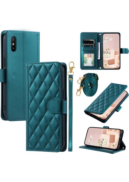 Xiaomi Redmi 9A Telefon Kılıfı Için Eşkenar Dörtgen Izgara Deri Cüzdan Standı Kapağı 2 Askılı-Yeşil (Yurt Dışından)