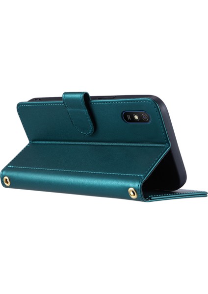 Xiaomi Redmi 9A Telefon Kılıfı Için Eşkenar Dörtgen Izgara Deri Cüzdan Standı Kapağı 2 Askılı-Yeşil (Yurt Dışından) modelleri