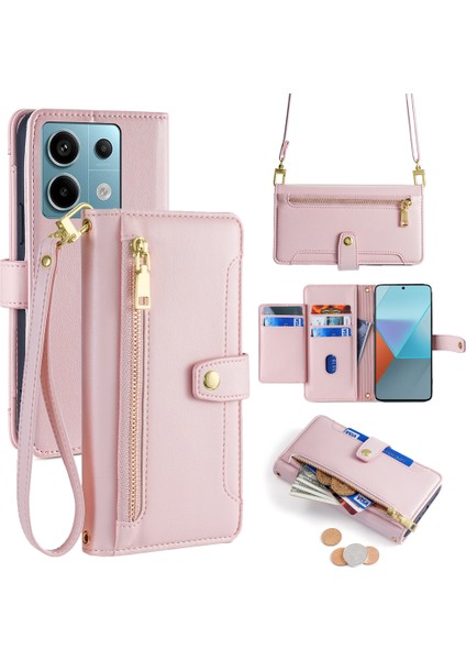 Xiaomi Redmi Note 13 Pro 5g Deri Kılıf Telefon Cüzdan Kapağı Fermuarlı Cep-Pembe (Yurt Dışından)