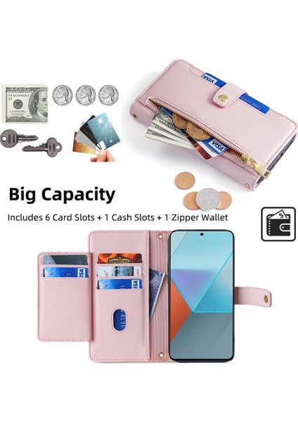 Xiaomi Redmi Note 13 Pro 5g Deri Kılıf Telefon Cüzdan Kapağı Fermuarlı Cep-Pembe (Yurt Dışından)