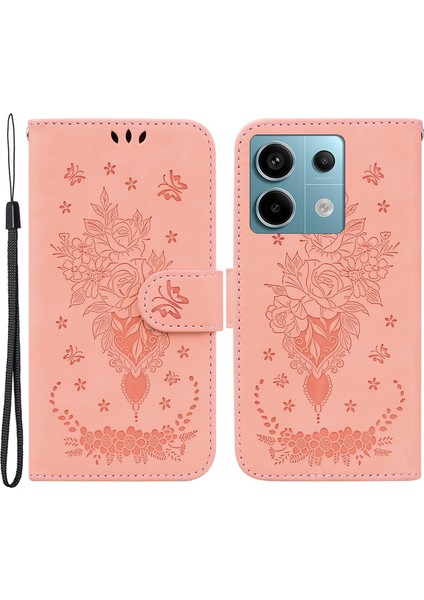 Xiaomi Poco X6 5g Kılıf Baskılı Gül Kelebek Telefon Standı Kapağı-Pembe (Yurt Dışından)