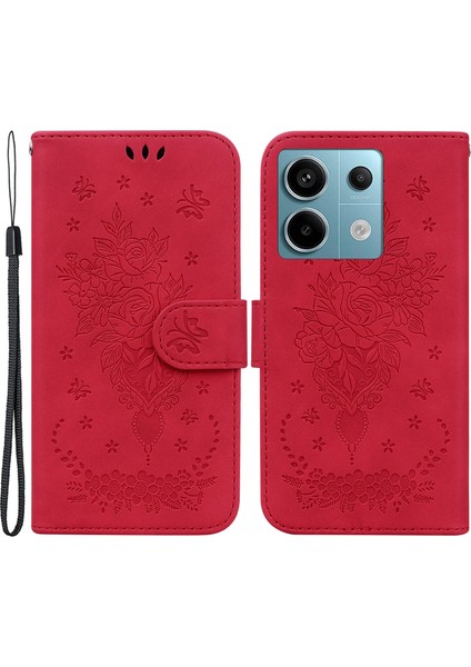 Xiaomi Poco X6 5g Kılıf Baskılı Gül Kelebek Telefon Standı Kapağı-Kırmızı (Yurt Dışından)
