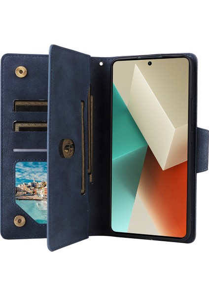 Xiaomi Redmi Için Not 13 5g Deri Kılıf Perçin Dekor 9 Kart Tutucu Yuvaları Fermuarlı Cep Kapak-Mavi (Yurt Dışından)