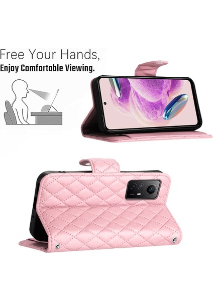 Xiaomi Redmi Note 12S 4g Deri Kılıf Eşkenar Dörtgen 7 Kart Yuvaları Telefon Kapağı-Pembe (Yurt Dışından)
