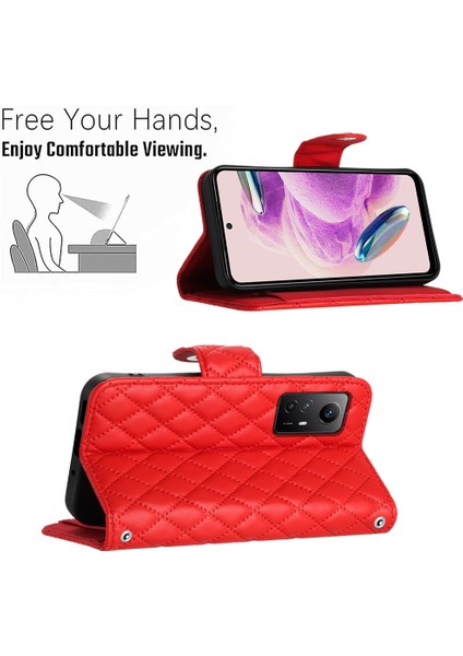 Xiaomi Redmi Note 12S 4g Deri Kılıf Eşkenar Dörtgen 7 Kart Yuvaları Telefon Kapağı-Kırmızı (Yurt Dışından) modelleri