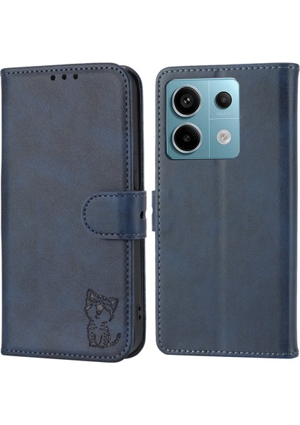 Xiaomi Redmi Note 13 Pro 5g Deri Kılıf Mutlu Kedi Desen Katlanır Stand Telefon Kapağı-Mavi Için (Yurt Dışından)