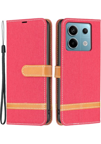 Xiaomi Poco M6 Pro 4g Deri Cüzdan Kılıf Kot Kumaş Doku Koruyucu Kapak-Kırmızı (Yurt Dışından)
