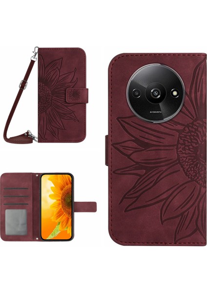 Xiaomi Redmi A3 Deri Kılıf Crossbody Cüzdan Telefon Kapağı-Şarap Kırmızısı Için (Yurt Dışından)