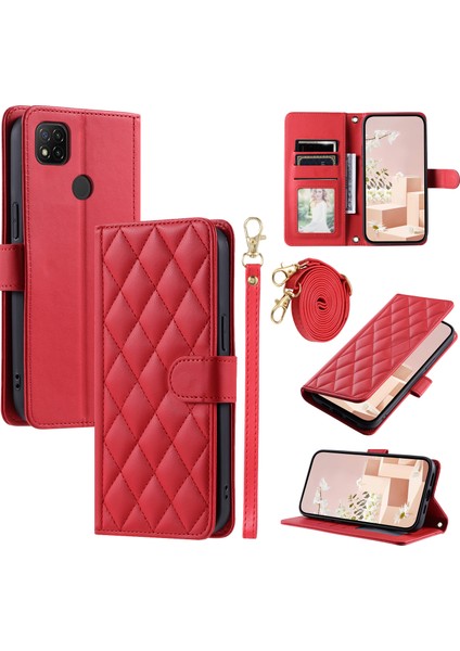 Xiaomi Redmi 9c Cep Telefonu Kılıfı Için 2 Askılı Eşkenar Dörtgen Izgara Deri Kapak-Kırmızı (Yurt Dışından)