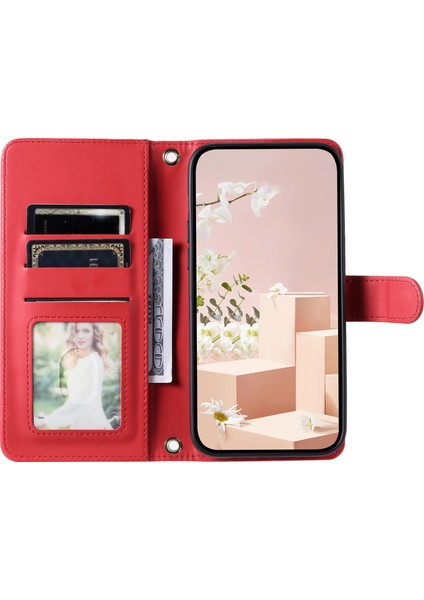 Xiaomi Redmi 9c Cep Telefonu Kılıfı Için 2 Askılı Eşkenar Dörtgen Izgara Deri Kapak-Kırmızı (Yurt Dışından)