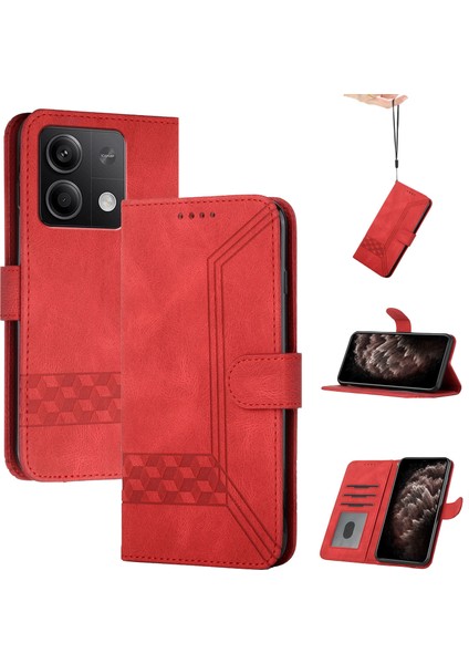 Xiaomi Redmi Note 13 5g Kılıf Baskılı Deri Kart Yuvaları El Kayışı ile Telefon Kılıfı-Kırmızı (Yurt Dışından)