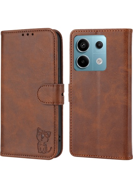 Xiaomi Redmi Note 13 Pro 5g Deri Kılıf Mutlu Kedi Desenli Katlanır Stand Telefon Kapağı-Kahverengi (Yurt Dışından)