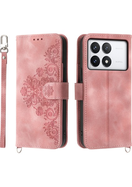 Xiaomi Redmi K70E 5g Crossbody Deri Kapak Çiçek Desenli Cüzdan Kılıf 2 Askılı-Pembe (Yurt Dışından)