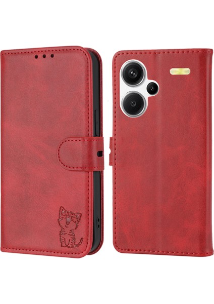 Xiaomi Redmi Note 13 Pro+ 5g Cüzdan Kılıf Mutlu Kedi Desenli Darbeye Dayanıklı Flip Telefon Kapağı-Mavi-Kırmızı (Yurt Dışından)
