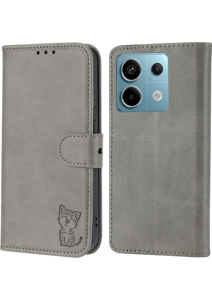 Xiaomi Redmi Note 13 5g Telefon Kılıfı Mutlu Kedi Desenli Cüzdan Kapak Çevirin-Gri (Yurt Dışından)