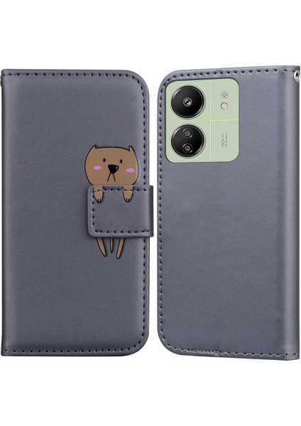 Xiaomi Redmi 13C 4g Kılıf Karikatür Desenli Cüzdan Deri Telefon Kapağı-Gri (Yurt Dışından)