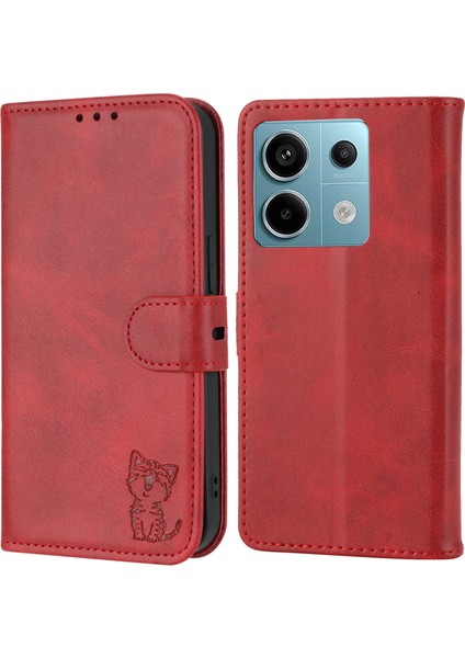 Xiaomi Redmi Note 13 5g Telefon Kılıfı Mutlu Kedi Desenli Cüzdan Kapak Çevirin-Kırmızı (Yurt Dışından)