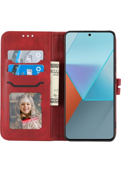 Xiaomi Redmi Note 13 5g Telefon Kılıfı Mutlu Kedi Desenli Cüzdan Kapak Çevirin-Kırmızı (Yurt Dışından)