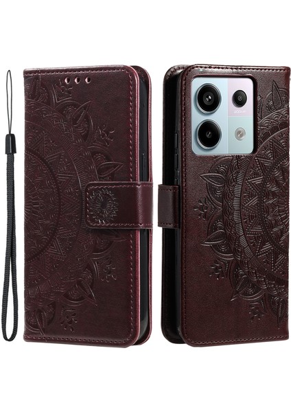 Xiaomi Redmi Note 13 Pro 5g Kılıf Mandala Çiçek Deri Cüzdan Kapağı-Kahverengi (Yurt Dışından)
