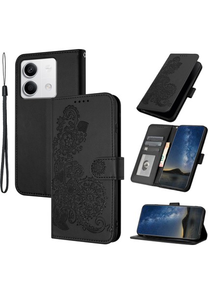 Xiaomi Redmi Note 13 4g Cüzdan Kılıf Çiçek Desenli Baskılı Deri Telefon Kapağı-Siyah (Yurt Dışından)